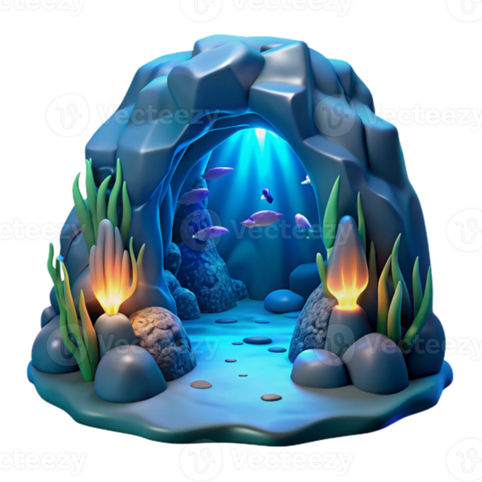 Undersea Cave Render Illustration, Vibrant Marine Life Scene png