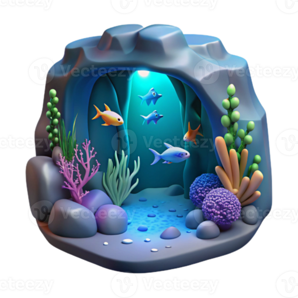 Render of Vibrant Underwater Cave Scene with Colorful Fish and Coral Reef png