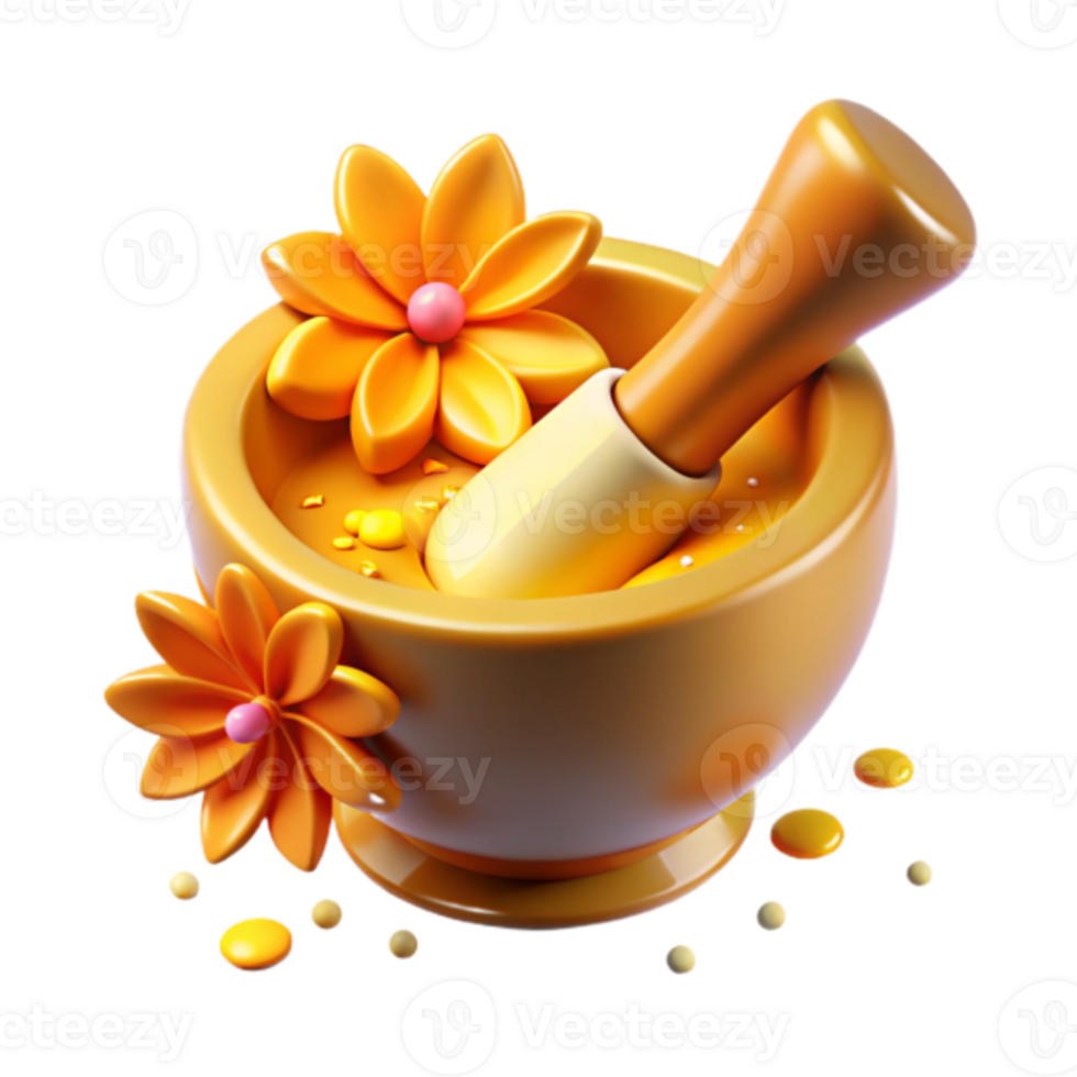 Vibrant Render of Yellow Mortar and Pestle with Flowers png