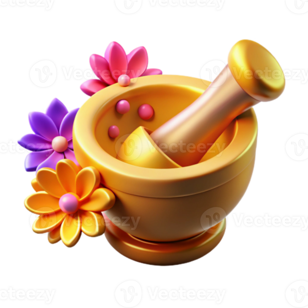 Vibrant Render of Golden Mortar and Pestle with Flowers png