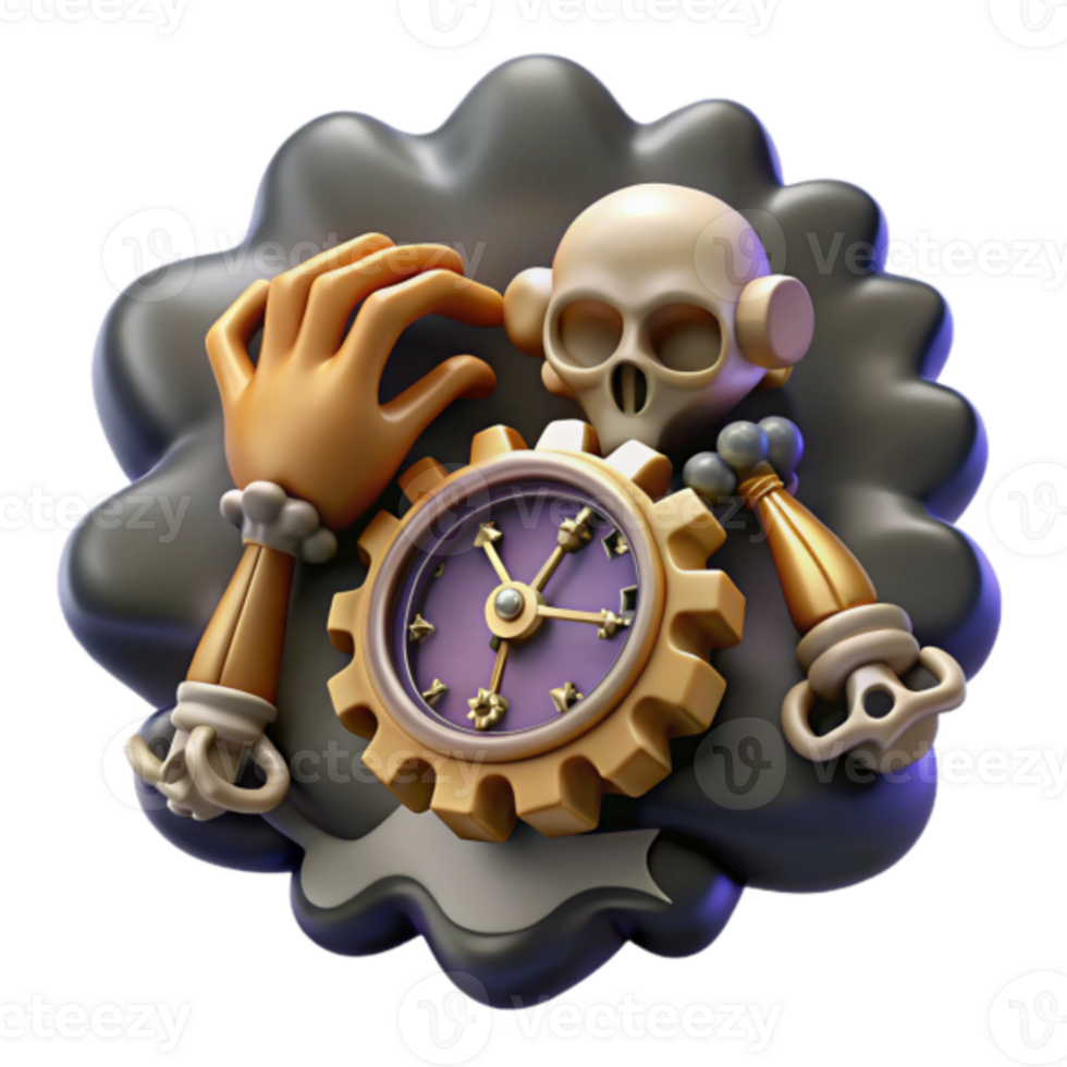 Illustration of a Skull with Clockwork Gear and Hands png