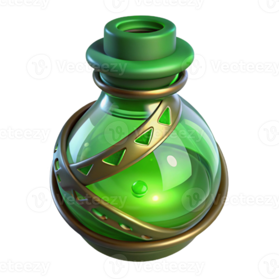 Enchanted Green Potion Bottle Render, Fantasy Glassware, Magical Elixir, Game Asset, Mythical Concoction, Mystic Brew, Herbal Remedy, Alchemy, Arcane, Digital Art png