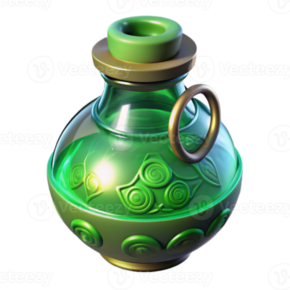 Glowing Green Potion Bottle Render, Fantasy Elixer, Magical Concoction, Enchanting Jar, Mystical Brew, Emerald Liquid, Game Asset, Mythical Drink, Herbal Remedy, Ancient Artifact png