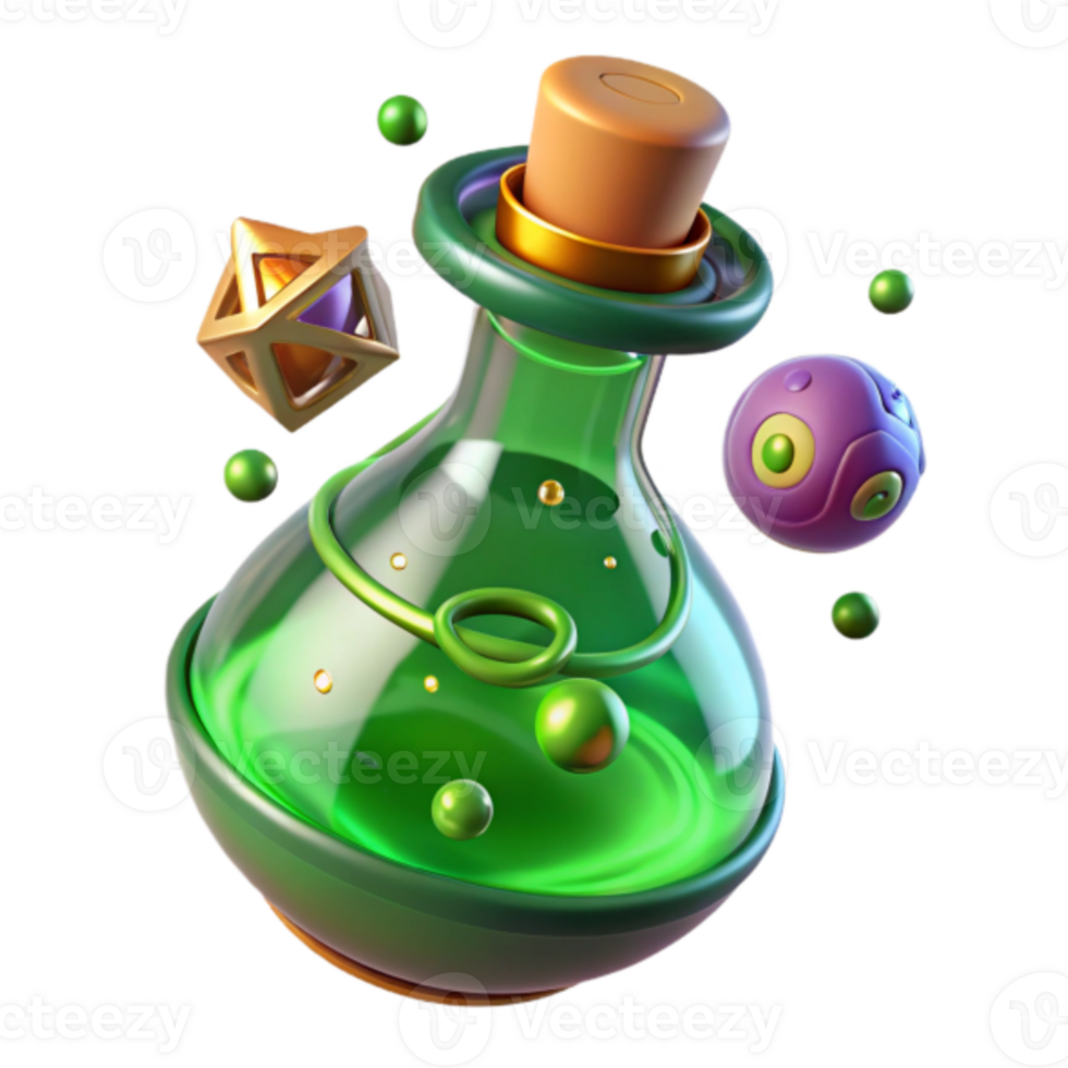 Render of a Magical Potion Bottle with Floating Gems png