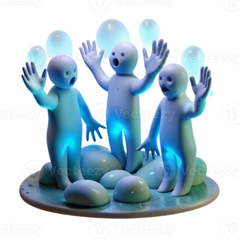 Render of Blue Figurines Singing Amidst Glowing Bubbles png