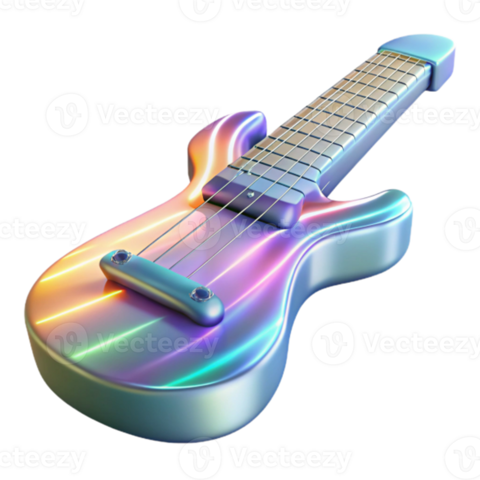 Iridescent Electric Guitar Render, Colorful Musical Instrument Illustration, Vibrant Rainbow Hues, Shiny Chrome Finish, Abstract Background, Digital Art, Graphic Design Element png