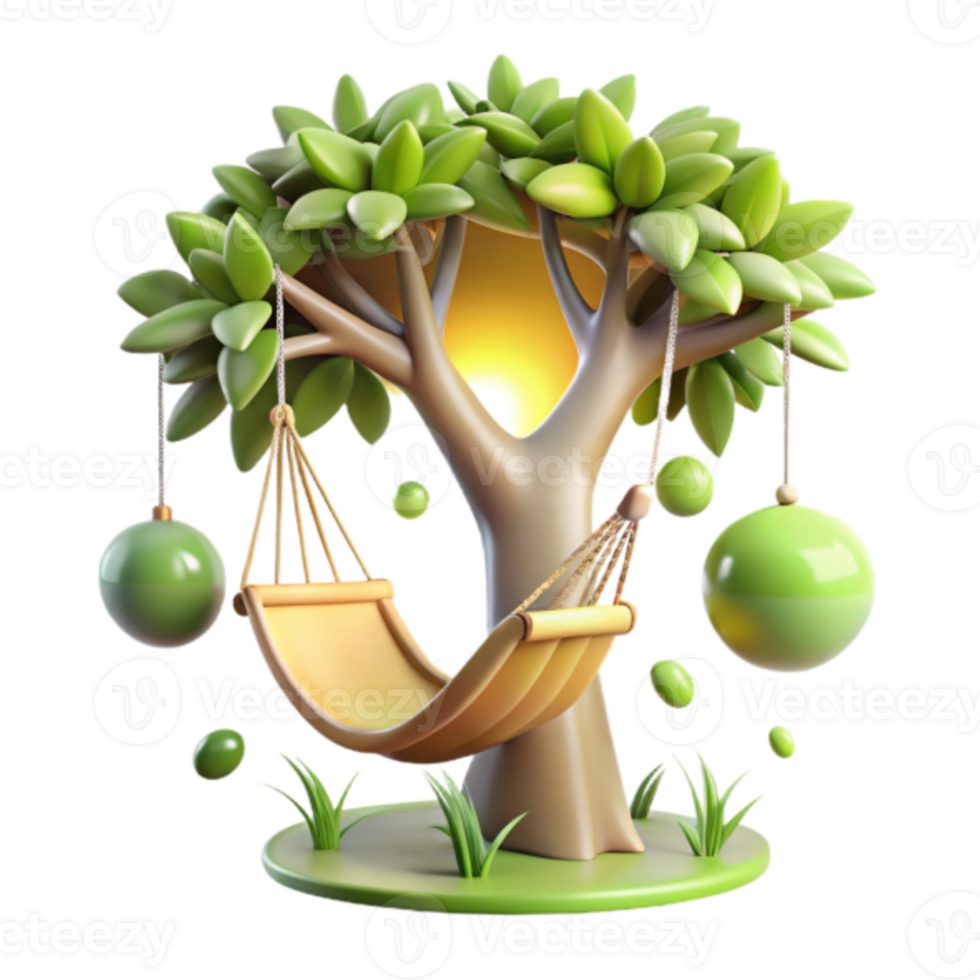Illustration Hammock Hanging Under Cartoon Tree, Relaxing Summer Scene png