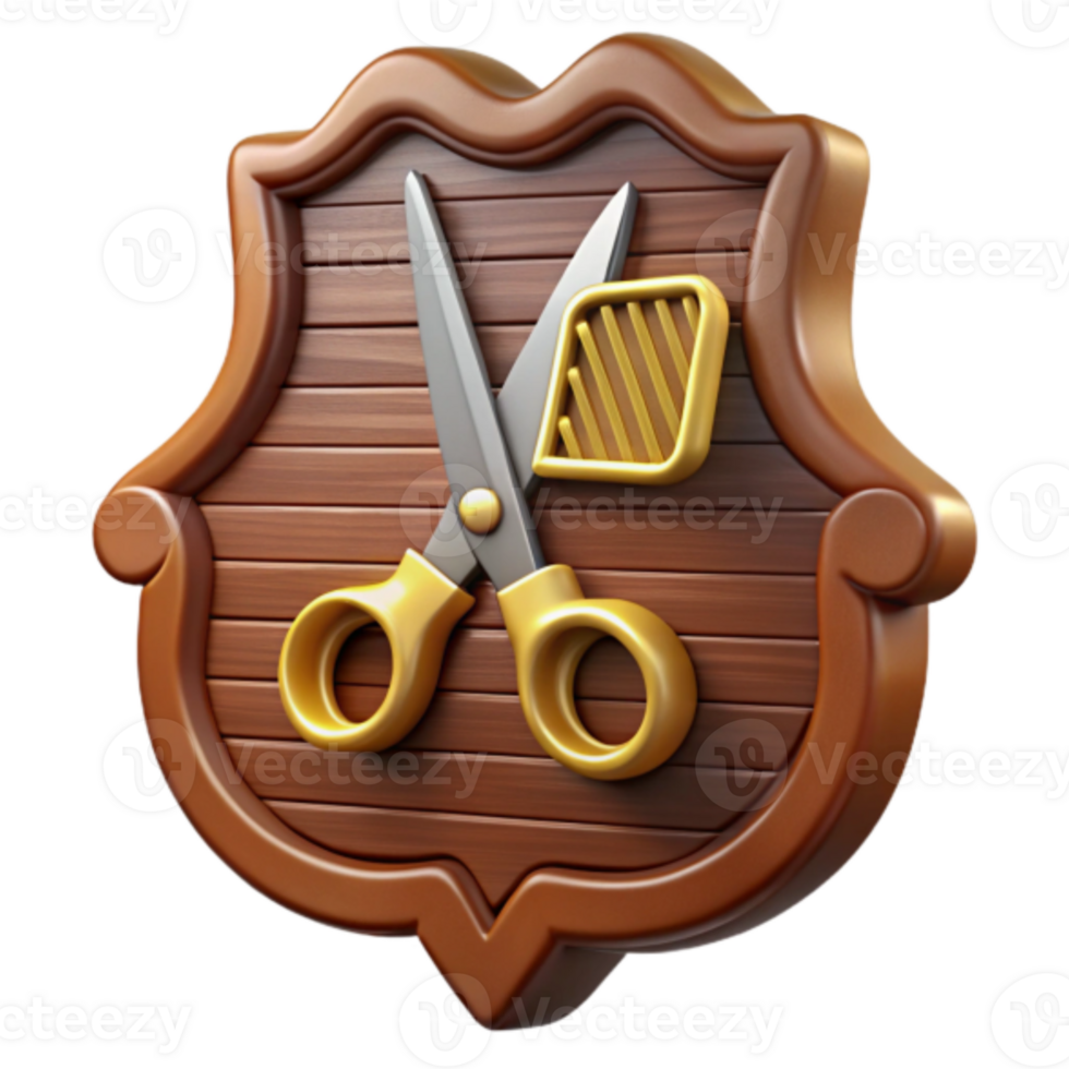 Render Wooden Sign Gold Scissors Barber Shop Icon Illustration png
