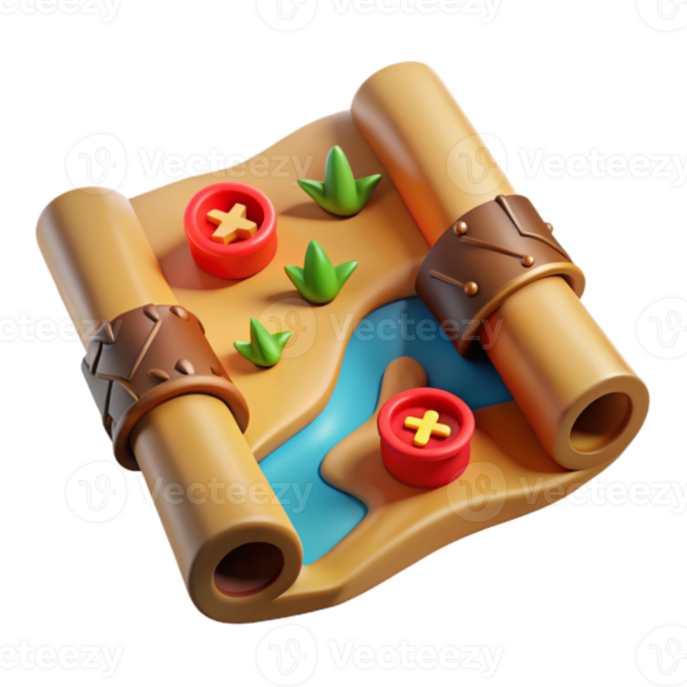 Cartoon Treasure Map Illustration - Rolled Parchment, River, Plants, and Cross Markers png