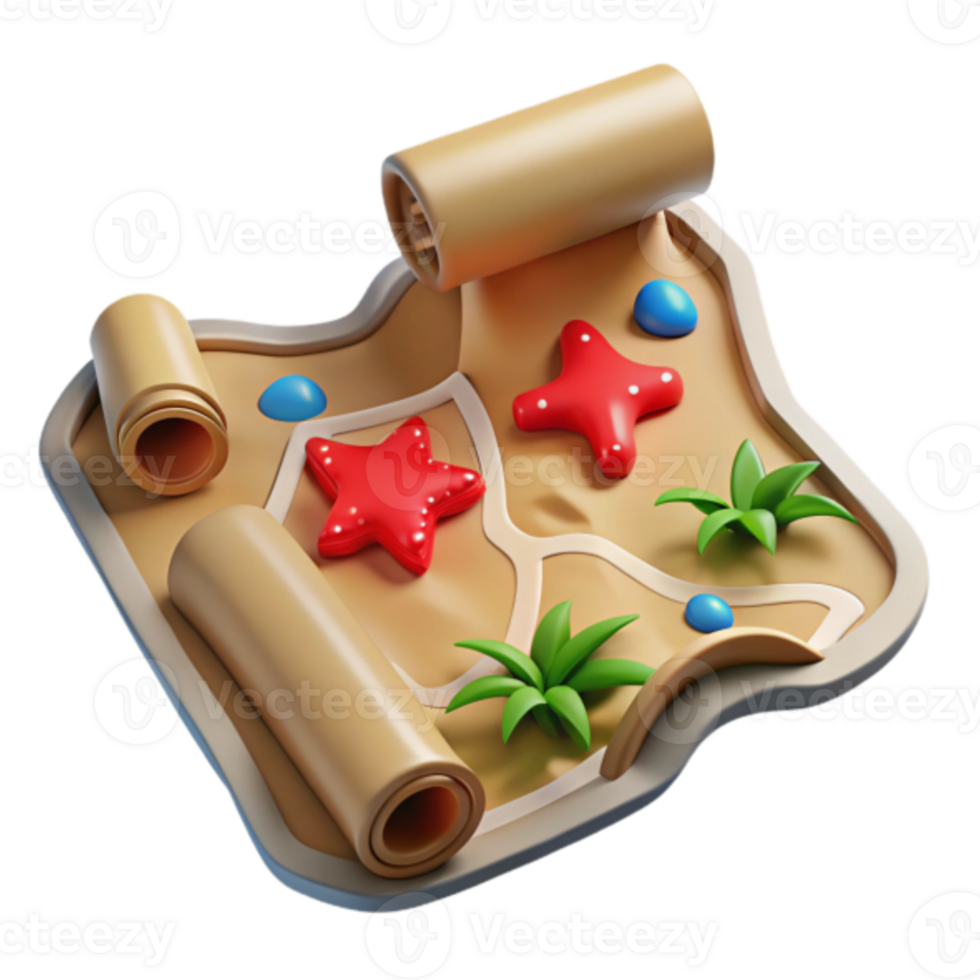 Render of a Cartoon Treasure Map Illustration with Starfish and Plants png