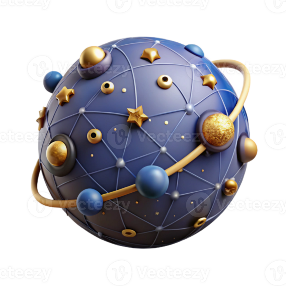 Render of a Futuristic Planet with Network Connections and Celestial Elements png