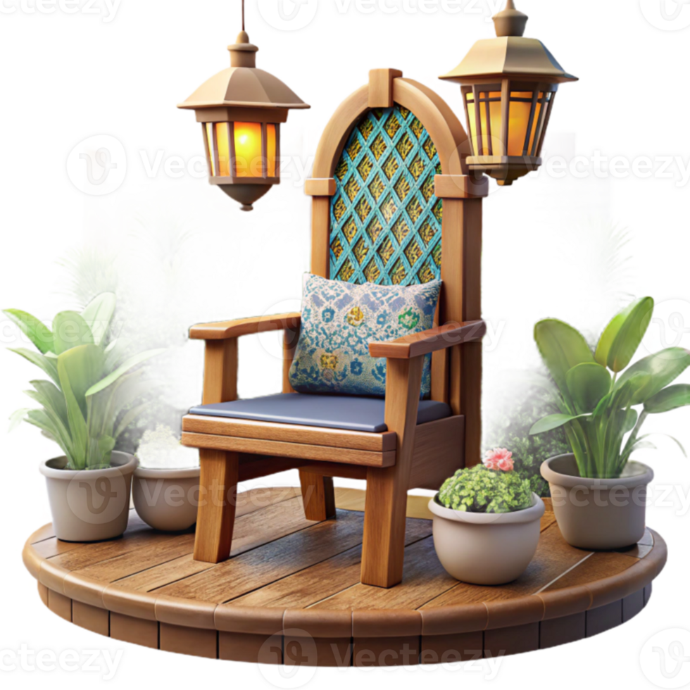 Render Wooden Throne Chair Garden Illustration with Lanterns and Plants png