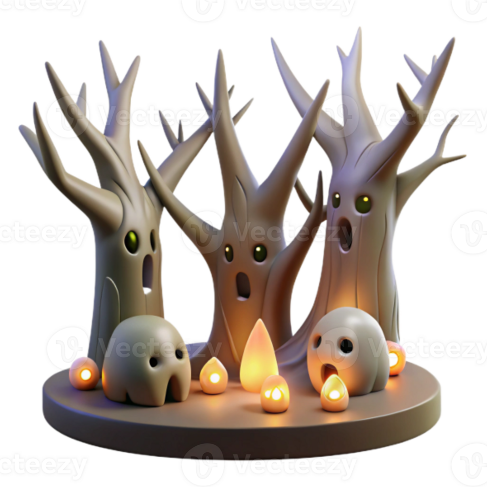 Spooky Halloween Render Cartoon Trees and Ghosts Illustration png
