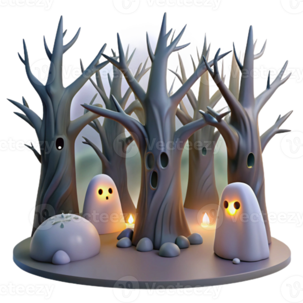 Enchanted Halloween Forest Illustration Spooky Trees Ghosts Glowing Lights Mystical Atmosphere Autumnal Scene png