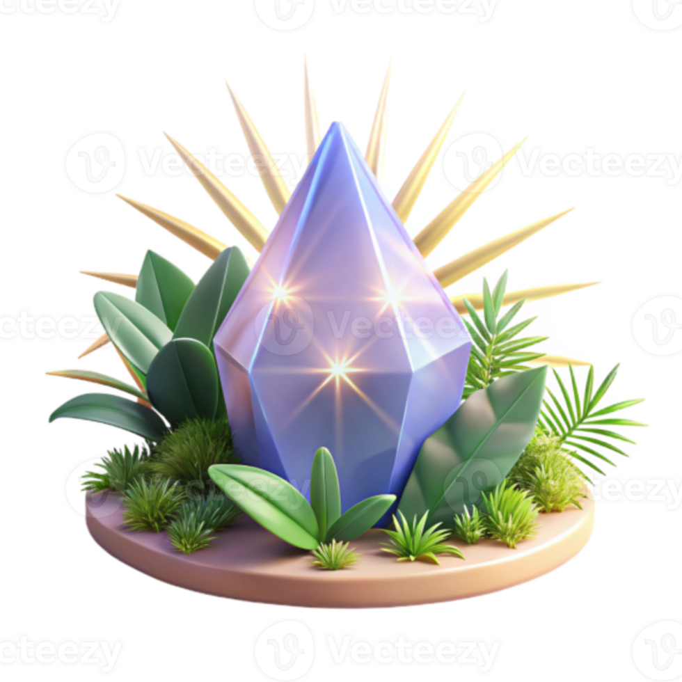 Luminous Crystal Gem Render Surrounded by Lush Tropical Foliage png