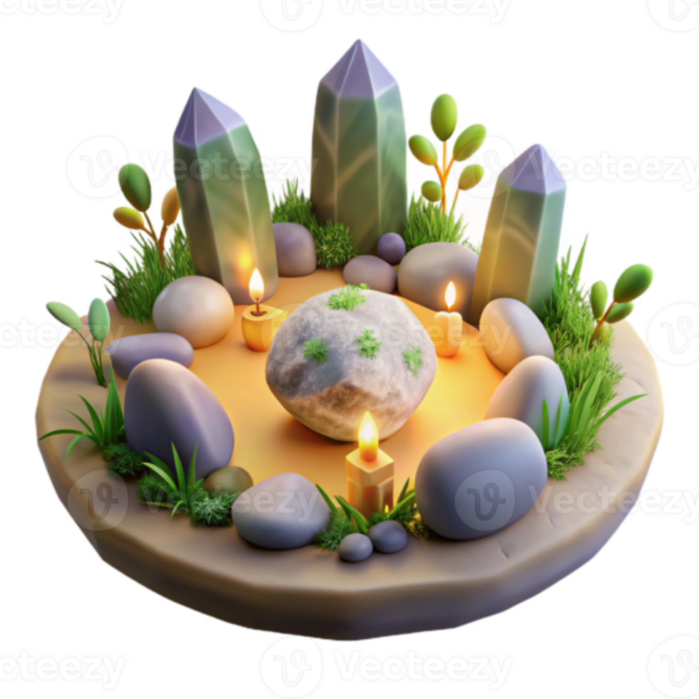 Serene Render of Crystal Ritual Scene with Stones and Candles png