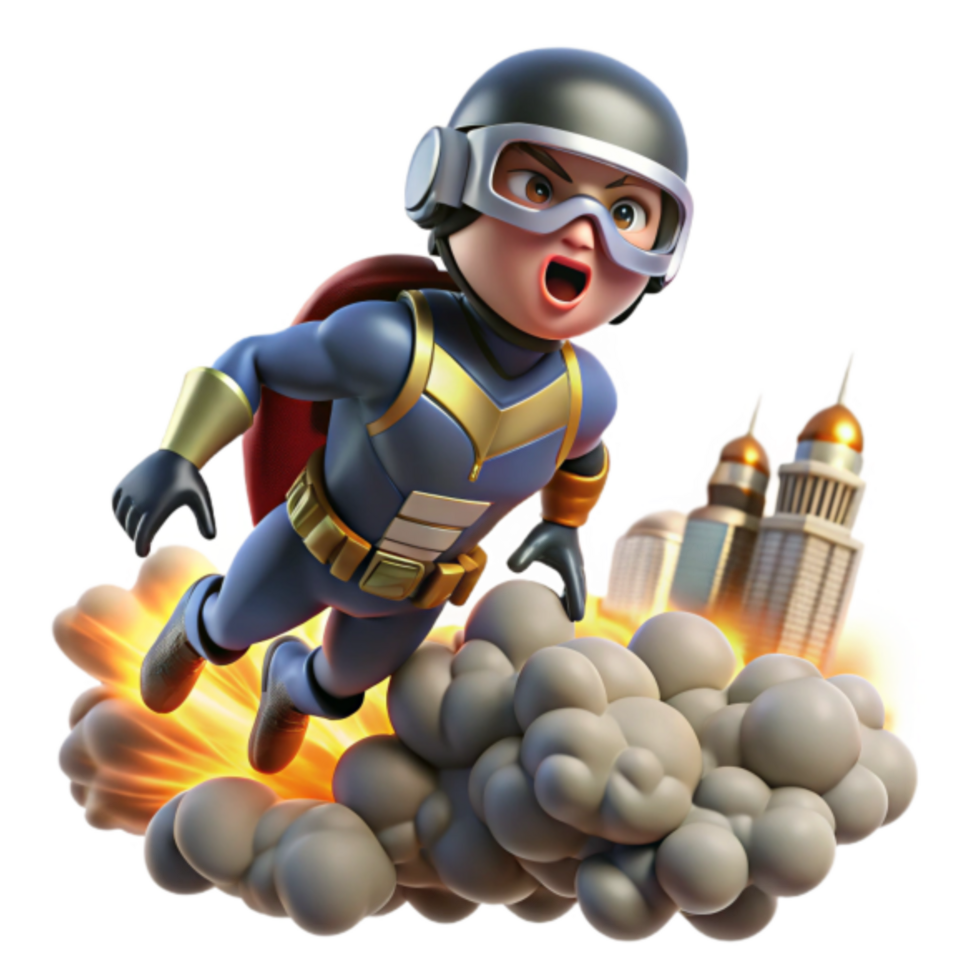 Illustration Super Kid Hero Flying Through Cityscape png
