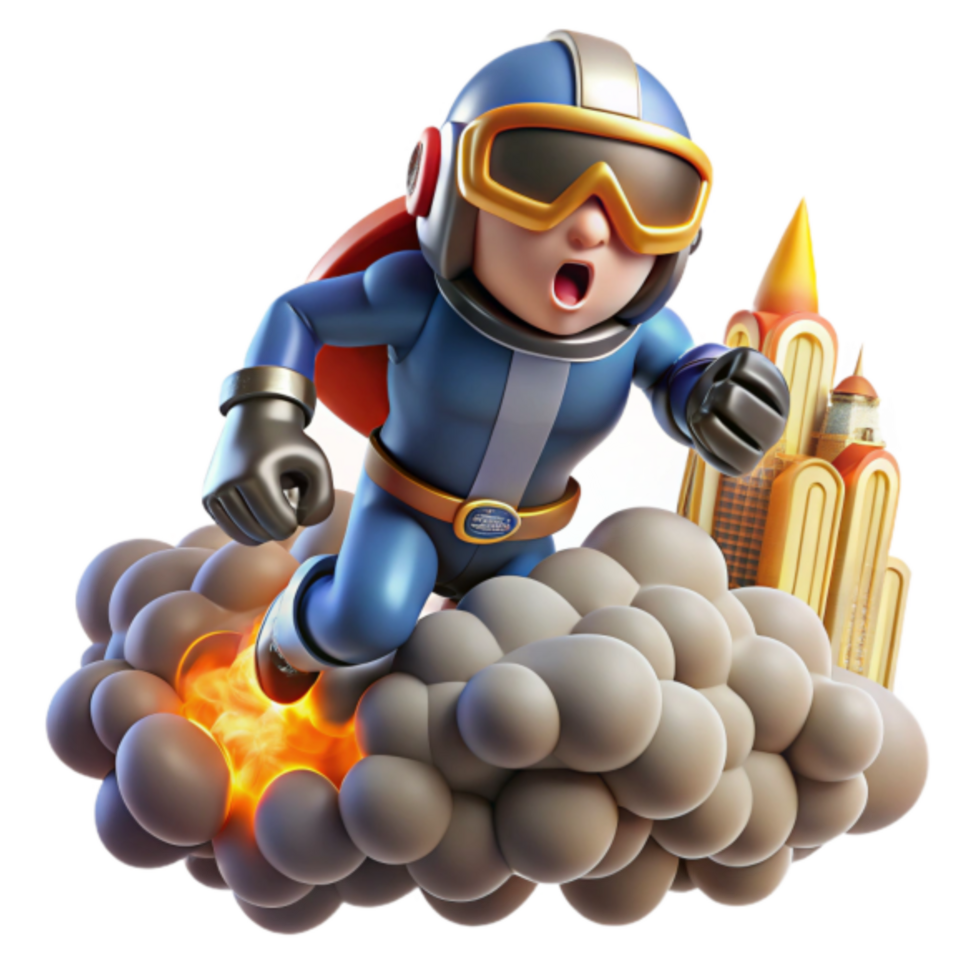 Illustration Super Hero Flying on Cloud over Cityscape png