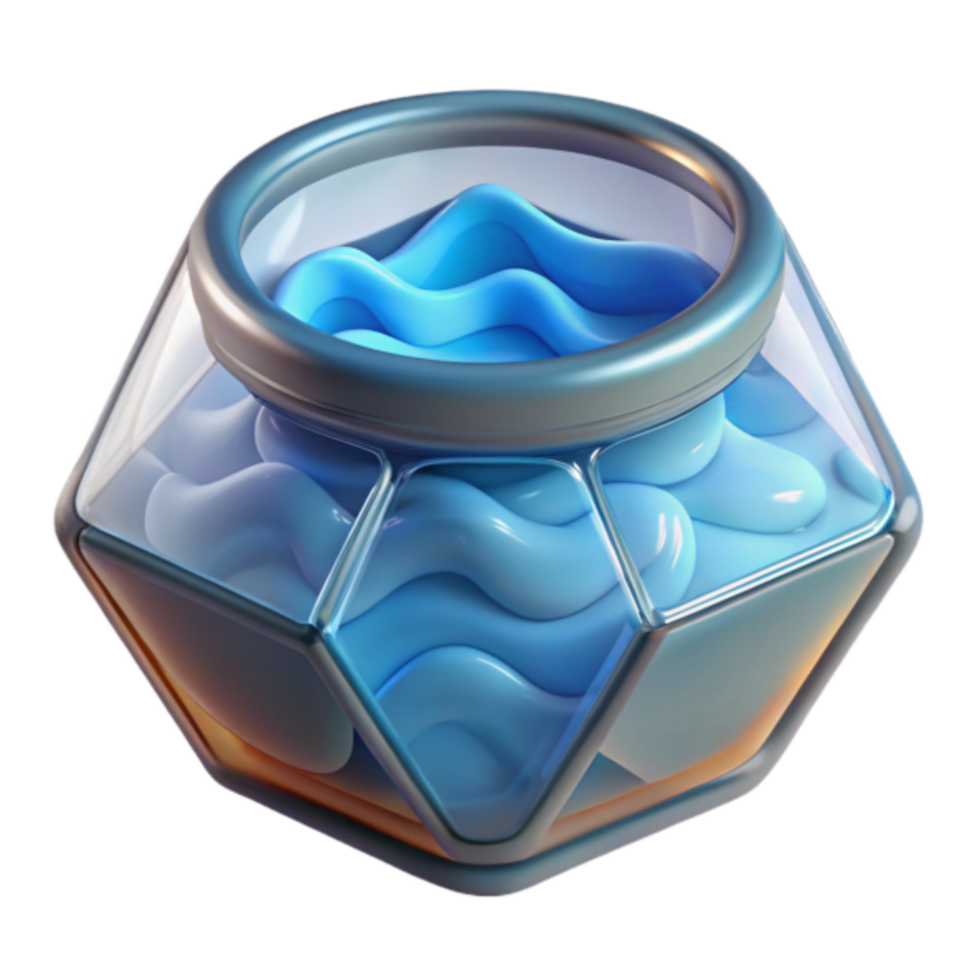 Render of Abstract Jar with Wavy Blue Liquid, Glass Container, Fluid Design, Modern Art, Geometric Shapes, Digital Illustration, Abstract Background, Blue Hues, Smooth Surface, Creative Visual png