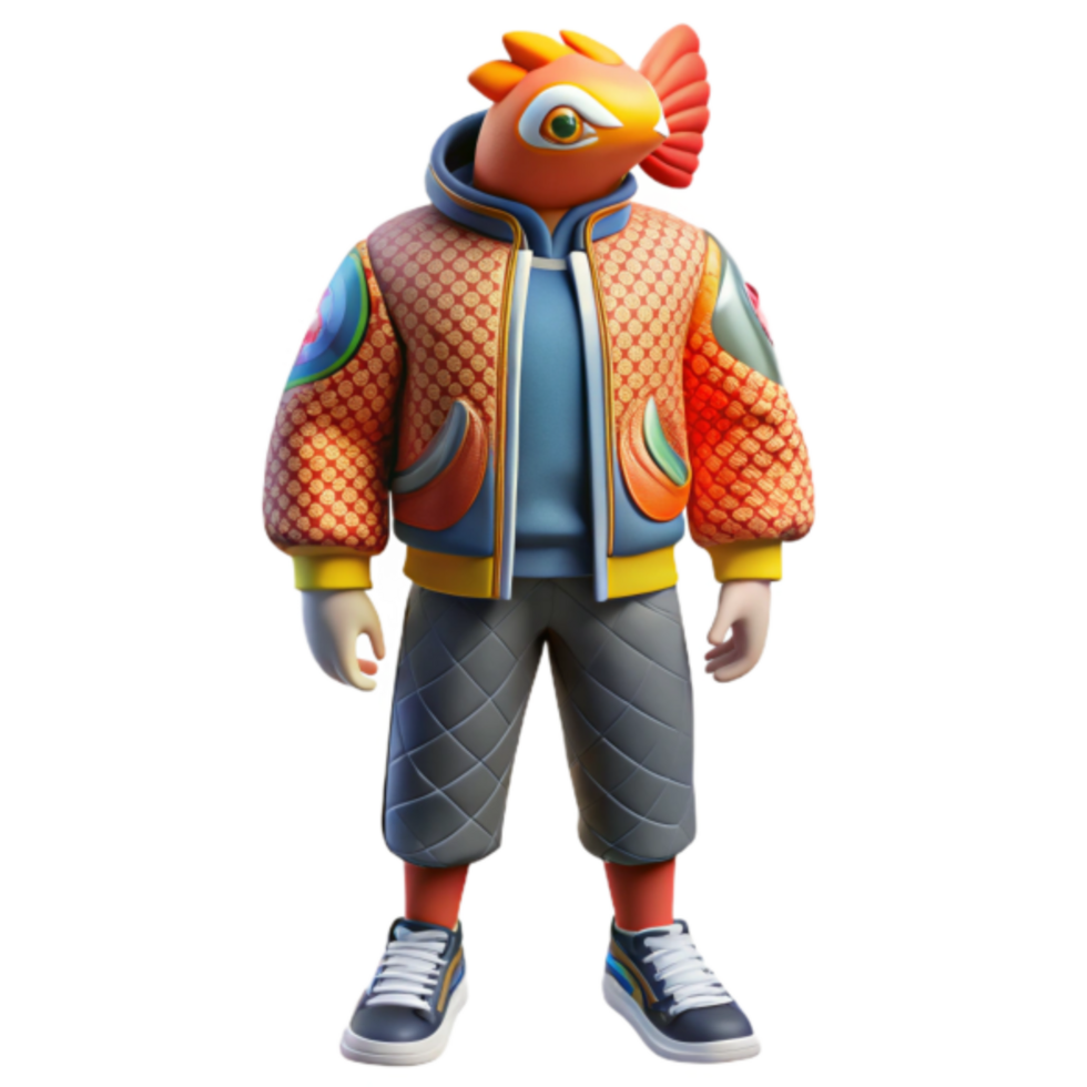Render of a Stylish Fish-Headed Character in Trendy Outfit png