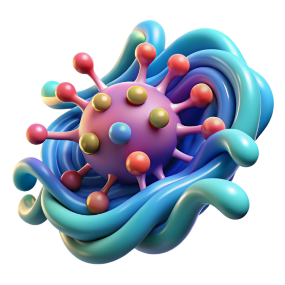 Render of Virus Particle in Abstract Blue Swirl Background png