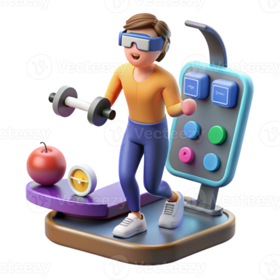 Illustration Fitness Character Exercising with VR Headset and Dumbbells png