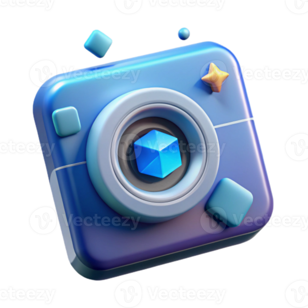 Render Blue Camera Icon with Cube Graphic Design Element png