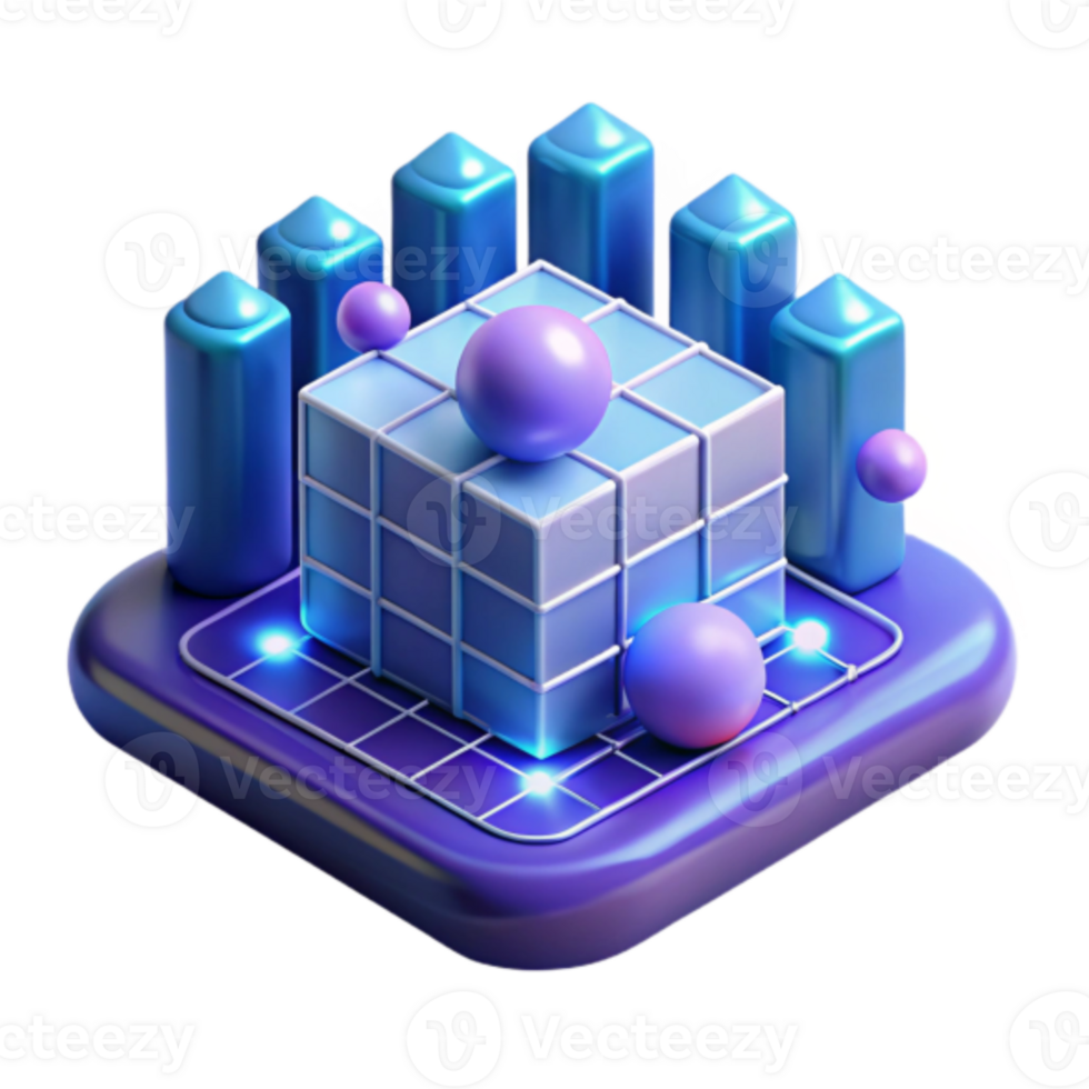 Render Abstract Cube with Glowing Grid and Spheres png