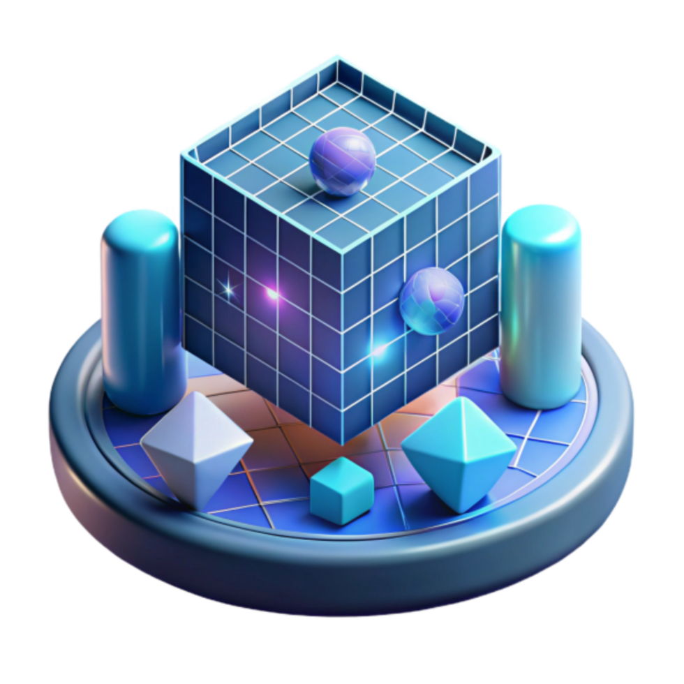 Abstract Render of Geometric Shapes Cube, Spheres, and Cylinders on Platform png
