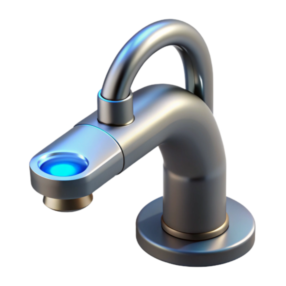 Render of Modern Metal Faucet with Glowing Blue Spout png