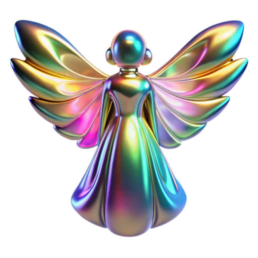 Iridescent Angel Render, Colorful Wings, Figurine, Abstract Art, Graphic Design Element, Fantasy, Spiritual, Celestial, Shiny, Metallic, Rainbow png