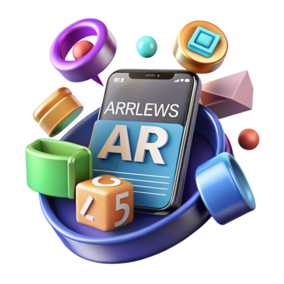 Vibrant Render of Smartphone Displaying AR Technology Surrounded by Colorful Geometric Shapes png