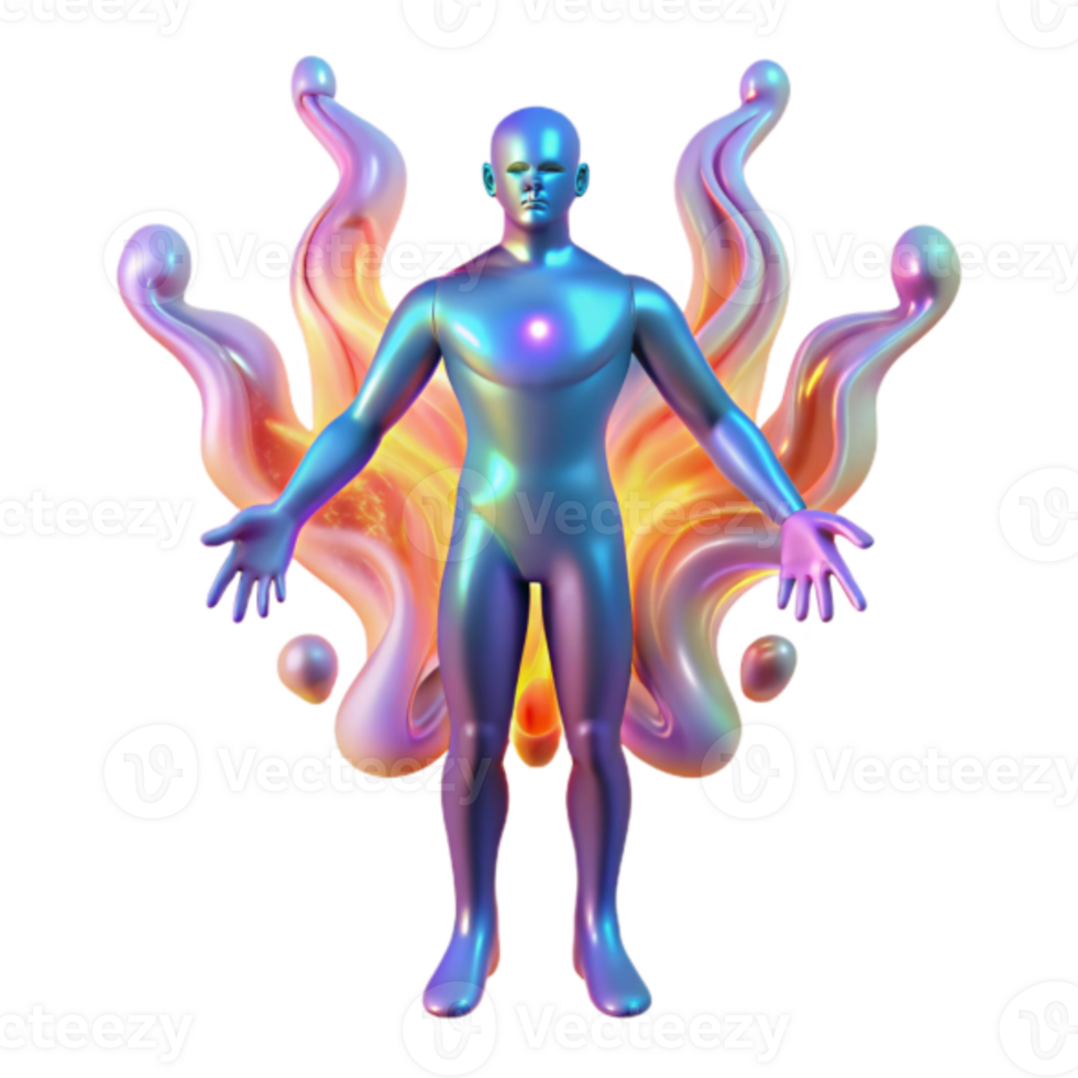 Render of a Metallic Figure with Abstract Colorful Wings png