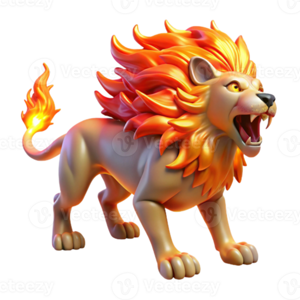 Fiery Lion Render, Mythical Creature Illustration, Flaming Mane and Tail png