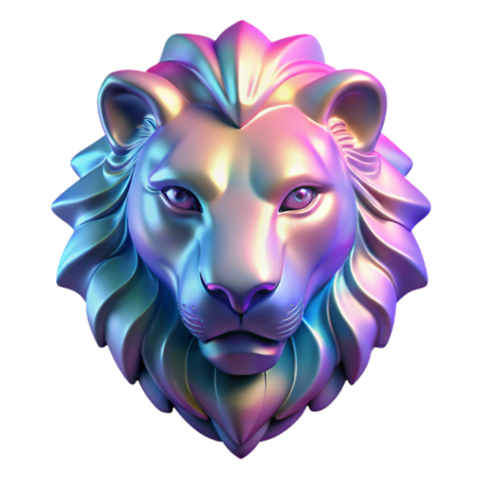 Iridescent Lion Head Render, Colorful Metallic Sculpture, Abstract Animal Art png