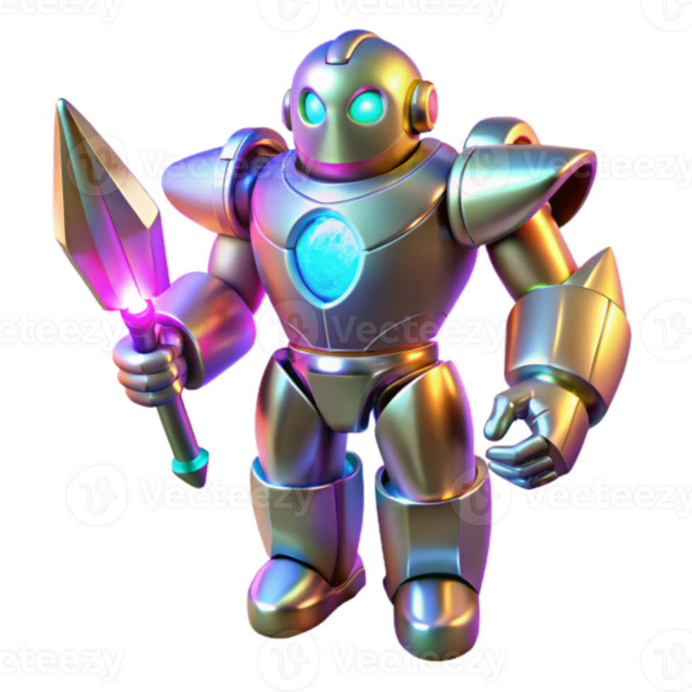 Iridescent Metallic Robot 3D Render, Fantasy Game Character with Weapon png