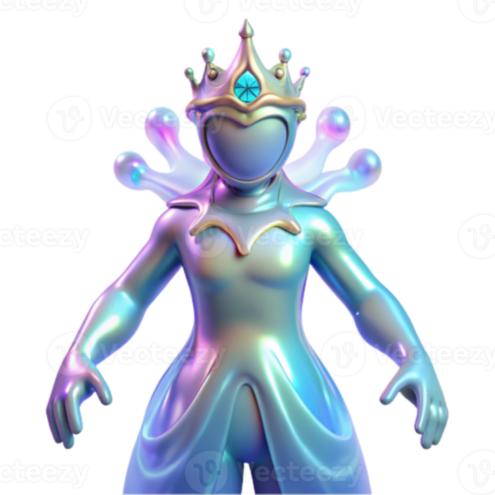 Iridescent 3D Render of a Regal Figure in a Flowing Gown and Crown png