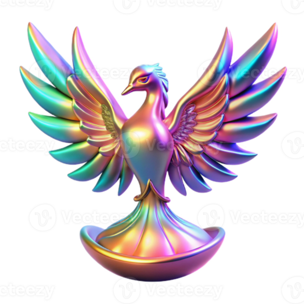 Iridescent Phoenix Render, Colorful Bird Sculpture, Mythical Creature, Fantasy Art, Digital Illustration, Vibrant Wings, Prismatic Feathers, Enchanting Artwork, Jewel-toned Bird png