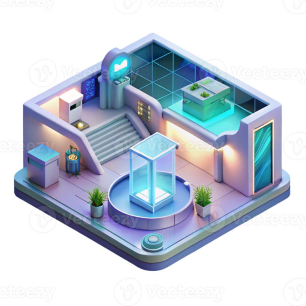 Futuristic Building Isometric Illustration Modern Architecture, Glass Display Case, Illuminated Interior png