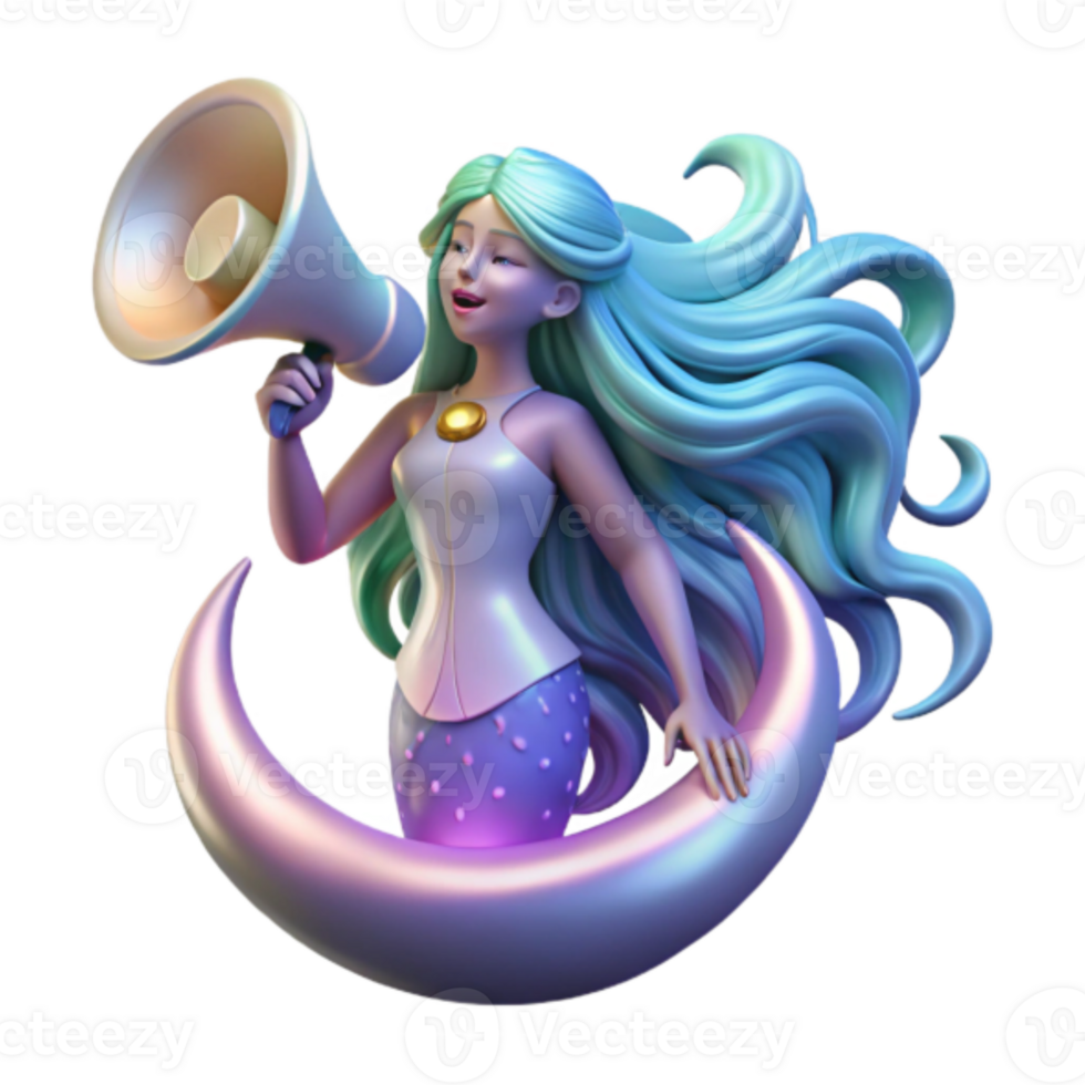 Illustration of a Mermaid with Long Hair Announcing on a Crescent Moon png