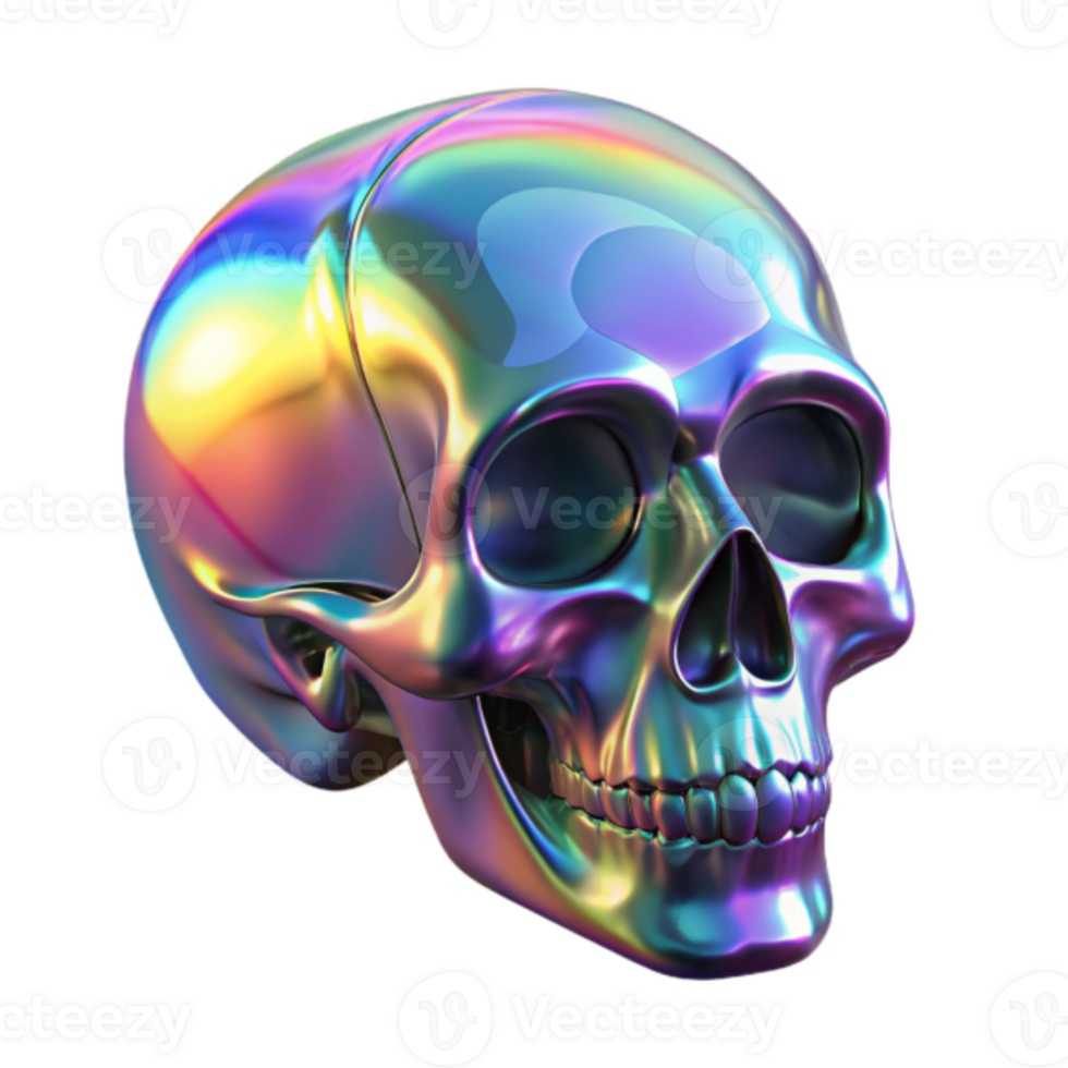 Iridescent Skull Model Render, Colorful Chrome Skull Illustration png