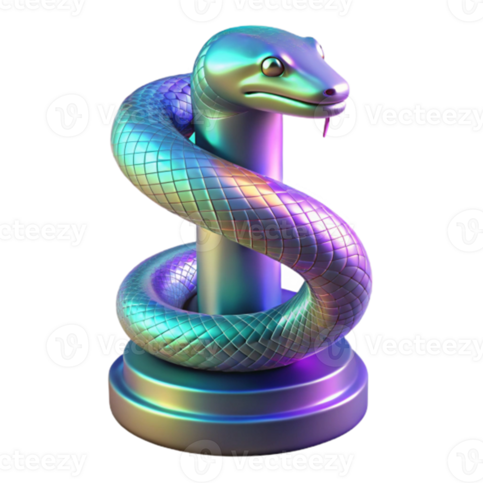 Iridescent Snake Render, Cyberpunk Style, Digital Art, Abstract Background, Metallic Scales, Rainbow Hues, Modern Art, Graphic Design Element, Fantasy Creature, Enchanted Serpent png