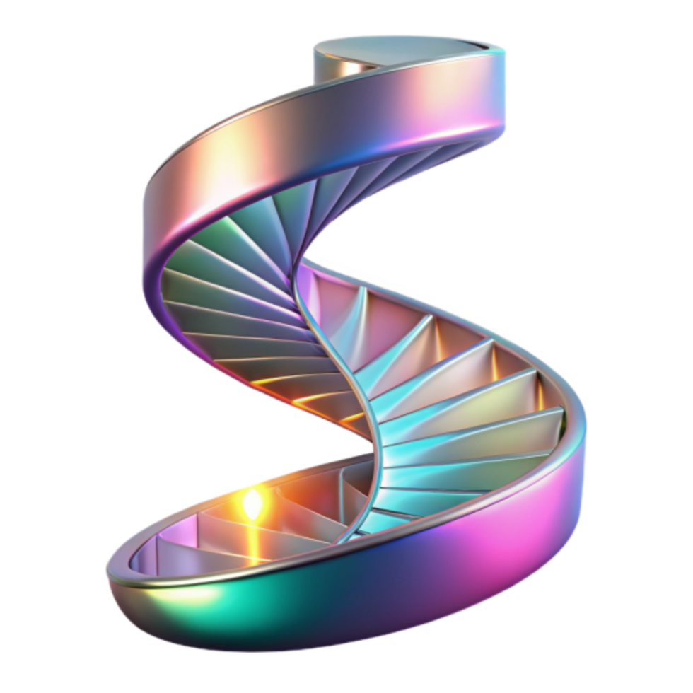 Iridescent Spiral Staircase Render, Abstract Background, Colorful Steps, Metallic Texture, Gradient Hues, Intricate Design, Architectural Visual, Digital Art, Modern Design, Abstract Illustration png