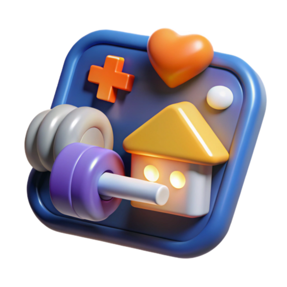Render of Home Fitness App Icon, Dumbbell, Heart, and House png