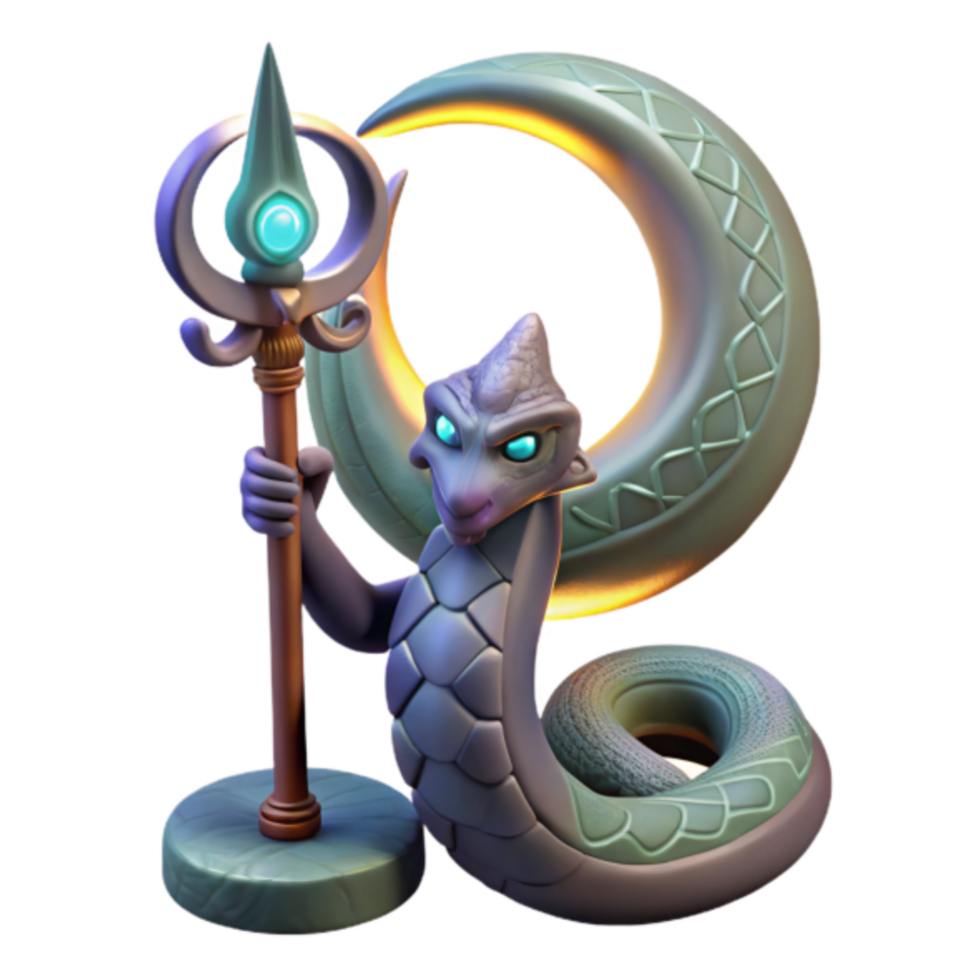 Mystical Serpent Guardian Render, Fantasy Creature with Crescent Moon and Staff png