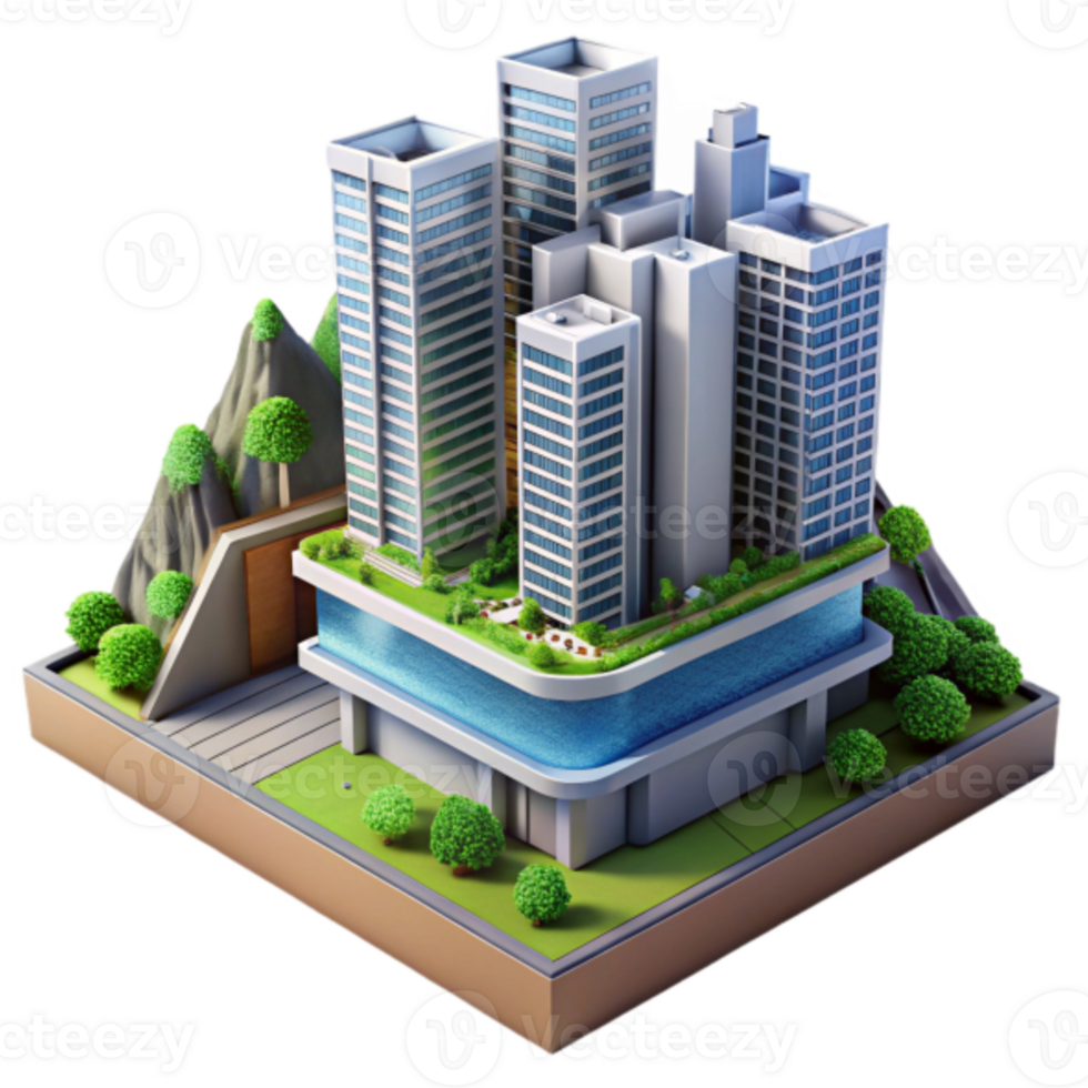 3D Illustration Modern Cityscape Green Rooftop Buildings png