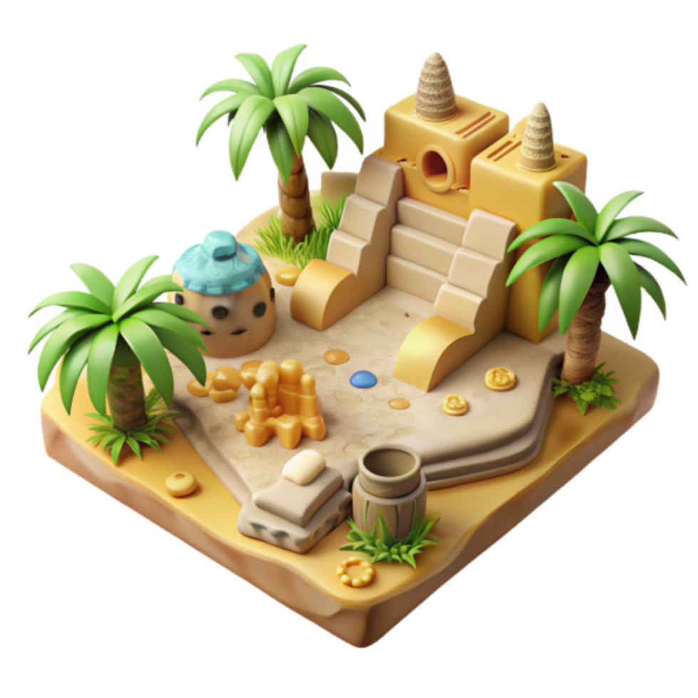 Render Oasis Scene Desert Island Palm Trees Ancient Building Sandbox Game png