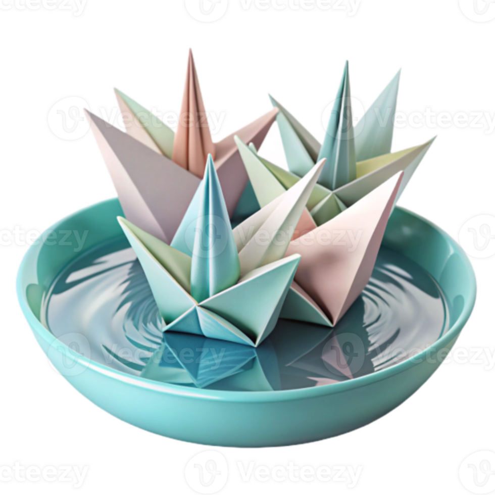 Pastel Origami Boats Floating in a Teal Bowl Render png