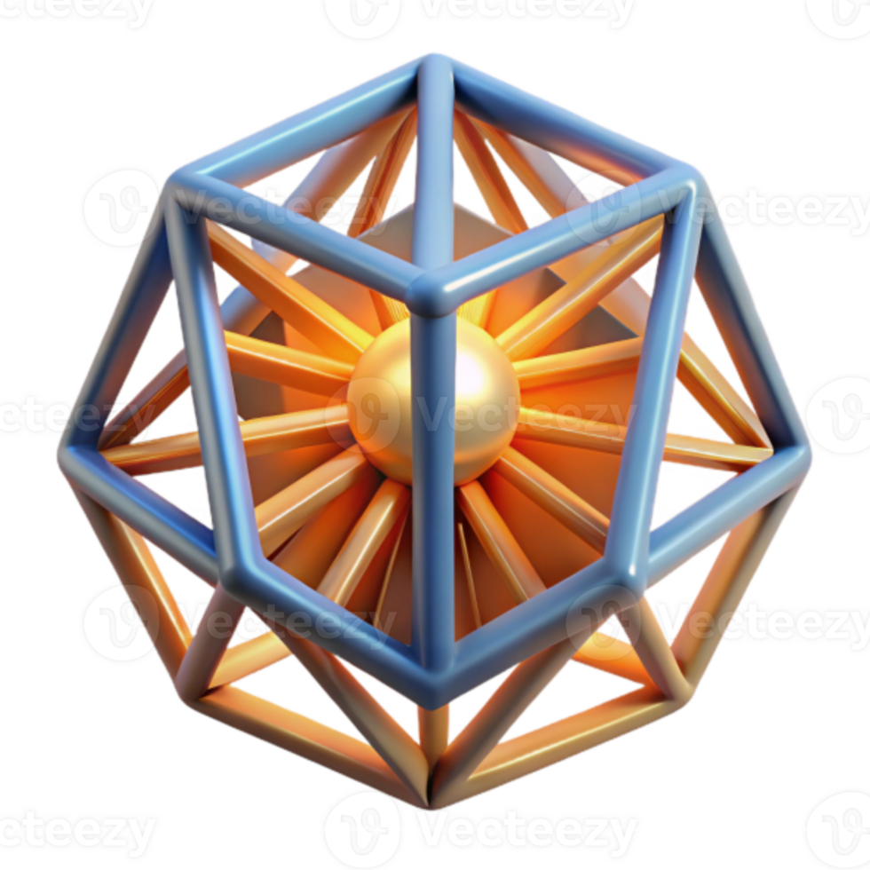 Abstract Golden Sphere in Blue Geometric Cage Illustration png