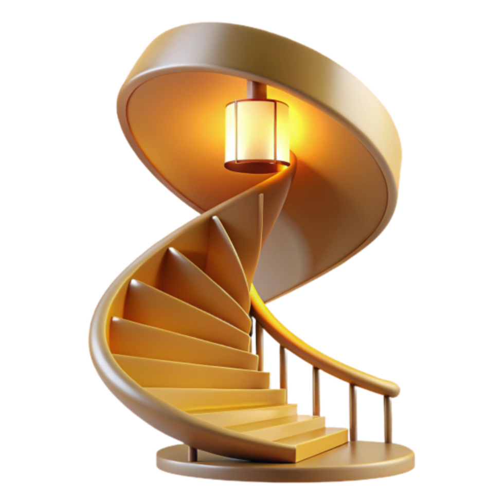 Golden Spiral Staircase Render, Illuminated Steps, Architecture Illustration png